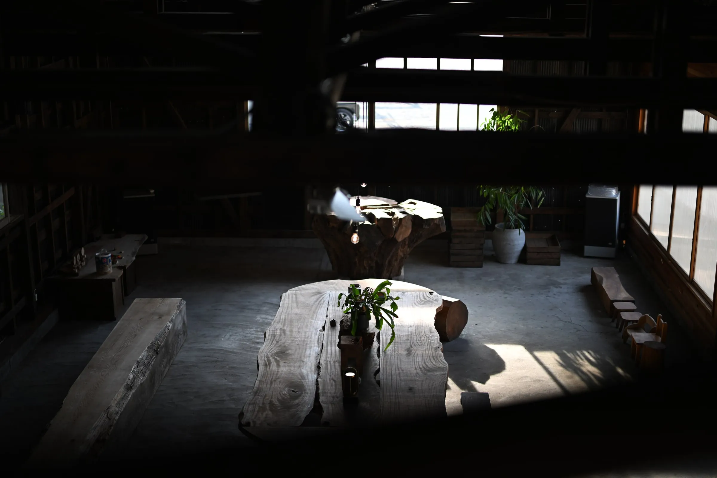 大きな木のテーブルに光が差し込むTree⇄Wood Coffeeの店内