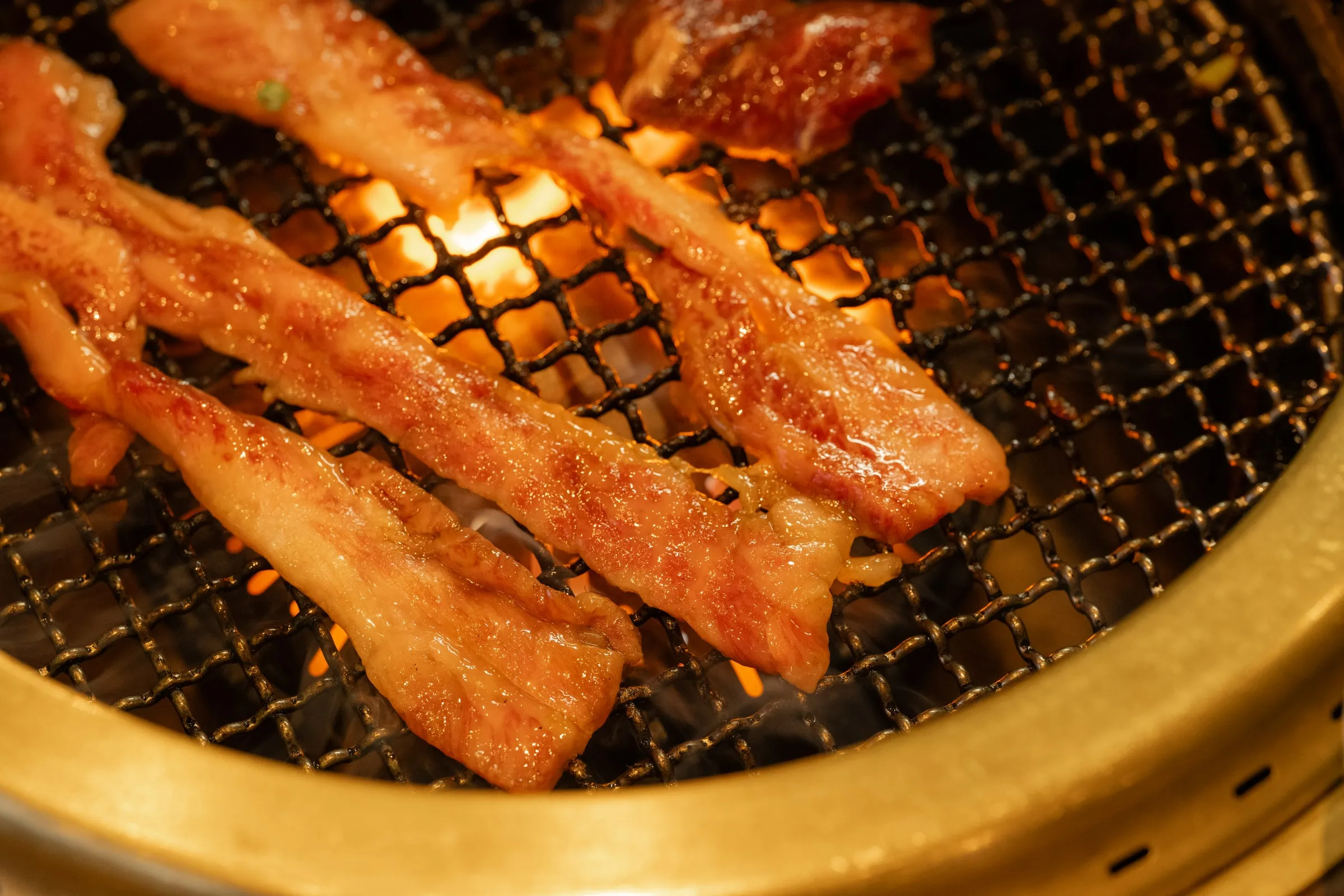焼き上がった肉を網の上で捉えた写真